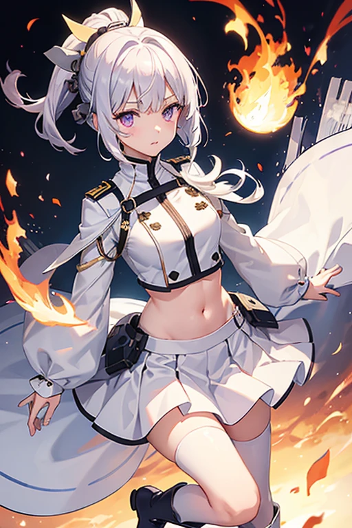 White combat uniform、Bleeding、Injury、Remains in the background、Burning Flames、For viewers、have、Short skirt、Silver Hair、Purple eyes、White Long Boots、Remain Nini Skirt、cute anime face、Silver Hair、Navel exposed、Are standing、anime、and