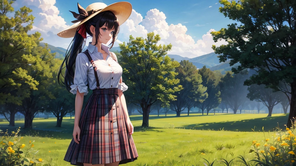 1girl, solo, full body, rural landscape, village, trees, sun, clouds, fantasy, black hair, ponytail, large breasts, button down shirt, ((red checked shirt)), ((short sleeved shirt)), ((unbuttoned shirt)), popping buttons, unbuttoning buttons, cleavage 1:3, blue eyes, dark skirt, smile, looking at the viewer, standing, hair ribbon, golden necklate, elegant white hat, brown boots