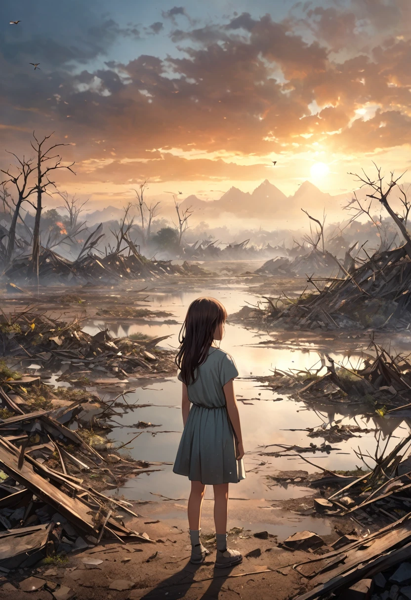 Generate a hyper-realistic image depicting the future of nature being destroyed by human behaviors. The main subject is a devastated landscape with clear evidence of environmental degradation. Include elements such as deforested areas, polluted water bodies, and decaying flora and fauna. In the foreground, showcase a lone figure (a young girl) standing amidst the destruction, symbolizing hope and awareness. Surround her with a mix of vibrant, untouched nature and the contrasting desolate, ruined environment. Ensure all humans in the image have perfect features.

Details:
Main subject: A devastated landscape with clear signs of environmental destruction, including deforested areas, polluted water bodies, and decaying plants and animals.
Foreground: A young girl standing amidst the destruction, symbolizing hope and awareness, with a mix of vibrant, untouched nature and contrasting desolate environment.
Include effects: (ultra detailed, absolutely resolution, best quality:1.3), 2.5D, delicate and dynamic, hyper-realistic, artistic photography, graphic CG digital art, shading effects, gradation magic effects, glitter effects, sunlight effects, foggy filter effect, cartoon-style.
