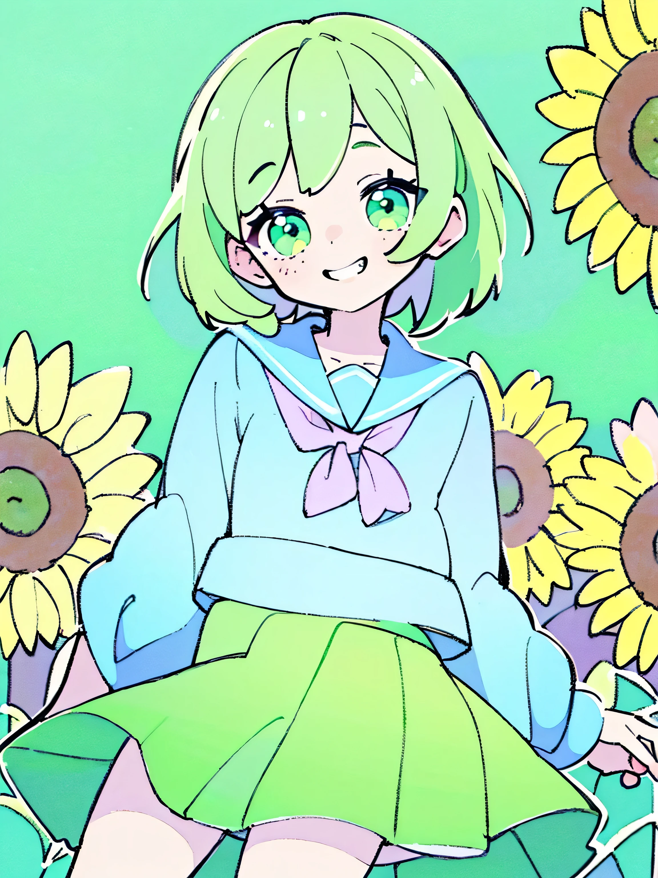 Rem dressed up as Yotsuba Nakano, school uniform, short blue hair, sparkling blue eyes, sweet face, tender, lovely, 4k, perfect quality, excellent fusion, excellent character design, green ribbon, sleeveless yellow sweater, collared white short sleeved shirt, green bow tie, green pleated skirt, bright colors, pastel coloured image, vivid colours, light colours, simple background, magic hill background, splendid nature, natural light, daylight, full body, full shot, dinamic pose, extremely detailed, clean lineart, neat, blushing, vute face, sweet,