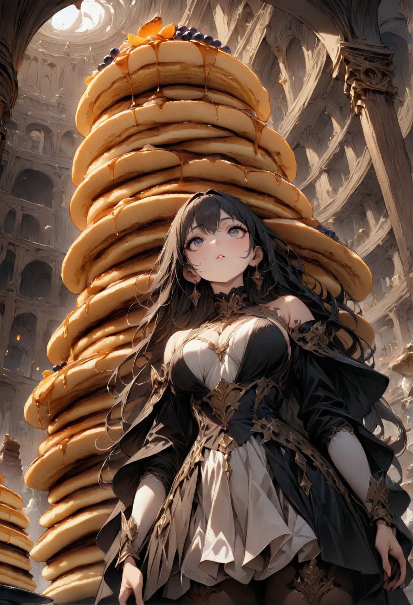 looking up at the unusually high stack of pancakes, low angle shot, best quality, (masterpiece:1.2), fantasy,