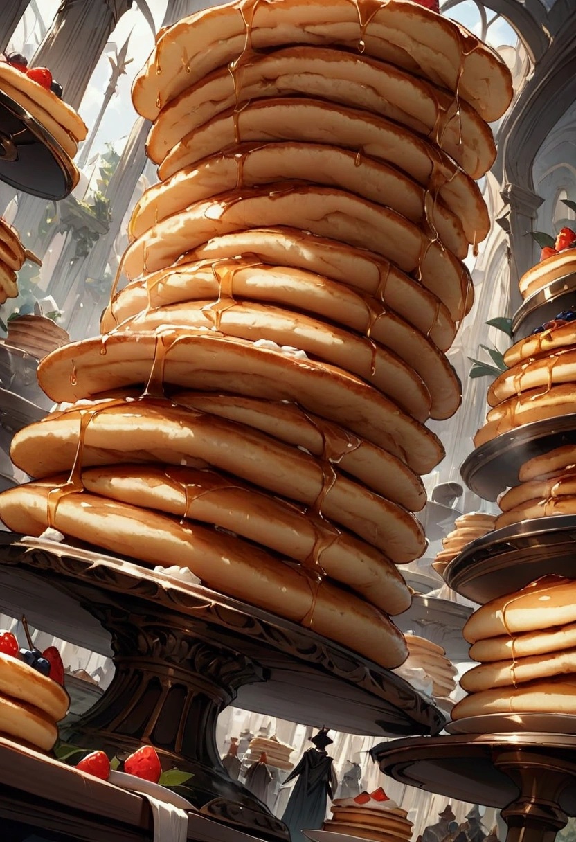 looking up at the unusually high stack of pancakes, low angle shot, best quality, (masterpiece:1.2), fantasy,