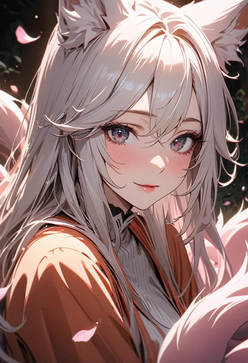 female, nine-tailed female, female fox, nine-tailed fox, fox ears, white hair, pink hair, long hair, black eyes, pretty, beautiful, beautiful color, mature, dress, flying petals, super detail, beautiful color,peerless beauty, high quality, macro picture, adult, beautiful eyes, long chin, 8K, cute, masterpiece, lively eyes