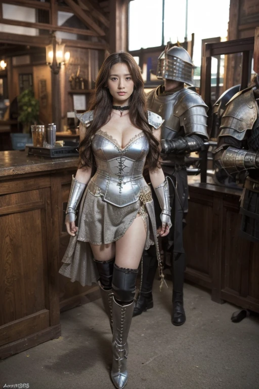 ((original photography:1.2, best quality)), Extremely detailed, Ultra-precise depiction, Ultra-fine drawing, (tangled:1.2), (Medieval war atmosphere), at sunset,spectacular cloud formations,1 Girl, female knight,Very detailed face, (best quality, Beruca, Gloves), ((Medieval metal armor:1.3)), lace choker, Gloves, long legs, boots, broken armor,cleavage,The background is Shanghai Comic Exhibition