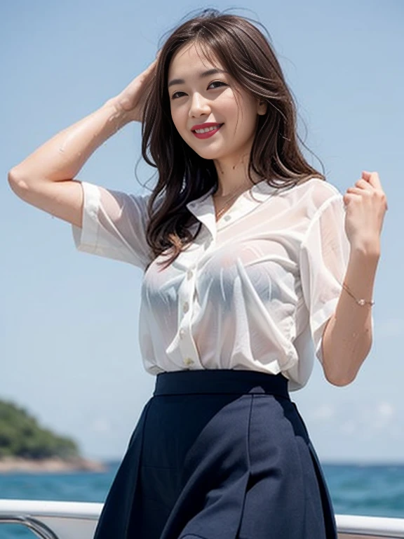 Gray background、pubic hair、Large Breasts、Thighs、Red lipstick、Cute woman、high school girl、White shirt、(Navy blue skirt)、smile、Open chest shirt、(A wet shirt showing through your underwear)、Wet Hair、Gazing at the sea、smile、On the boat、Raising his arms、Looking from below、Cloud、