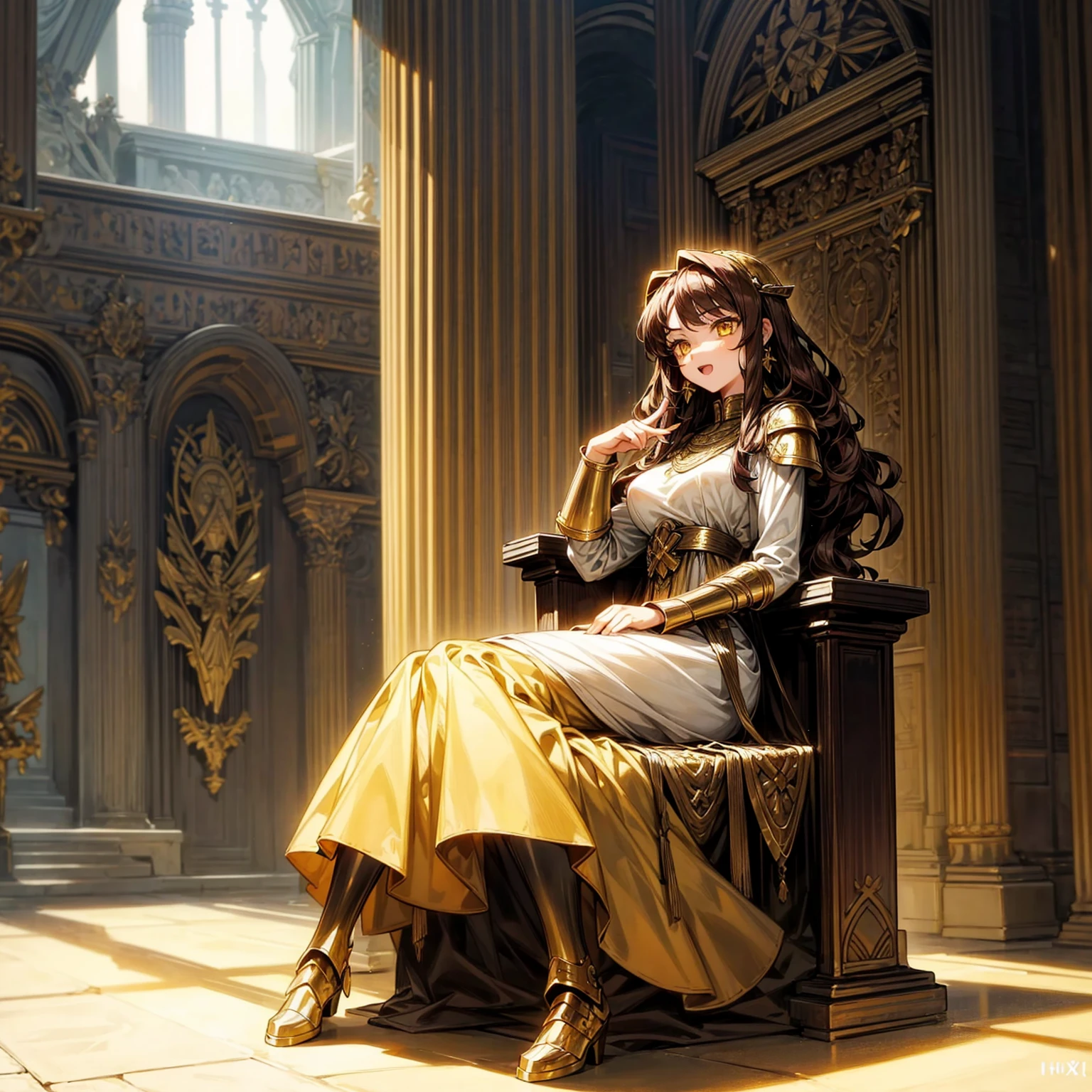 Solo character, full body version, girl, brown hair, long Curly haircut, yellow eyes, gold earrings, Long dress, ancient Greek tunic, boots, iron armor, sword in hand, open mouth, happy, indoor room Castle, (Hunter x Hunter style art), sit down gesture, Big breasts, detailed shadow
