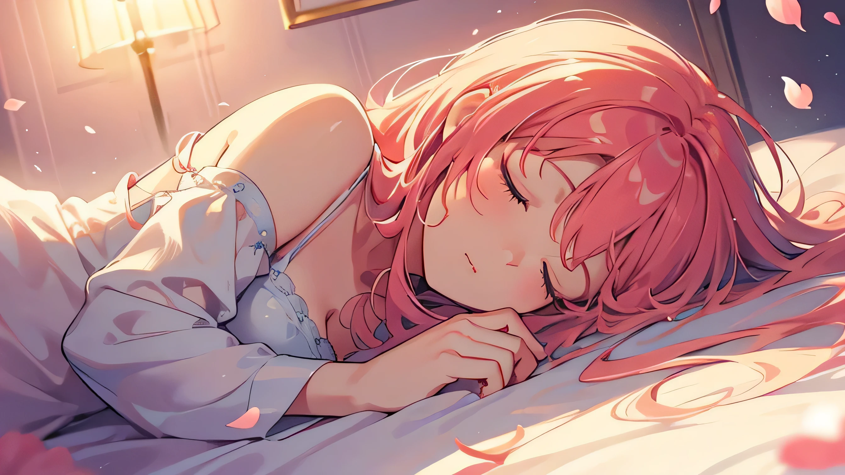 With her eyes closed gently,sleeping face、Soft lighting, Dreamy atmosphere, Great aesthetics, Fantasy Theme, Natural elements, Floral Background, Subtle details, Flowing pink hair, Unusual poses, Bright colors, Petals falling, Prone
