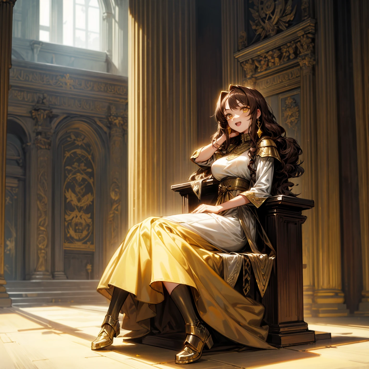 Solo character, full body version, girl, brown hair, long Curly haircut, yellow eyes, gold earrings, Long dress, ancient Greek tunic, boots, iron armor, sword in hand, open mouth, happy, indoor room Castle, (Hunter x Hunter style art), sit down gesture, Big breasts, detailed shadow