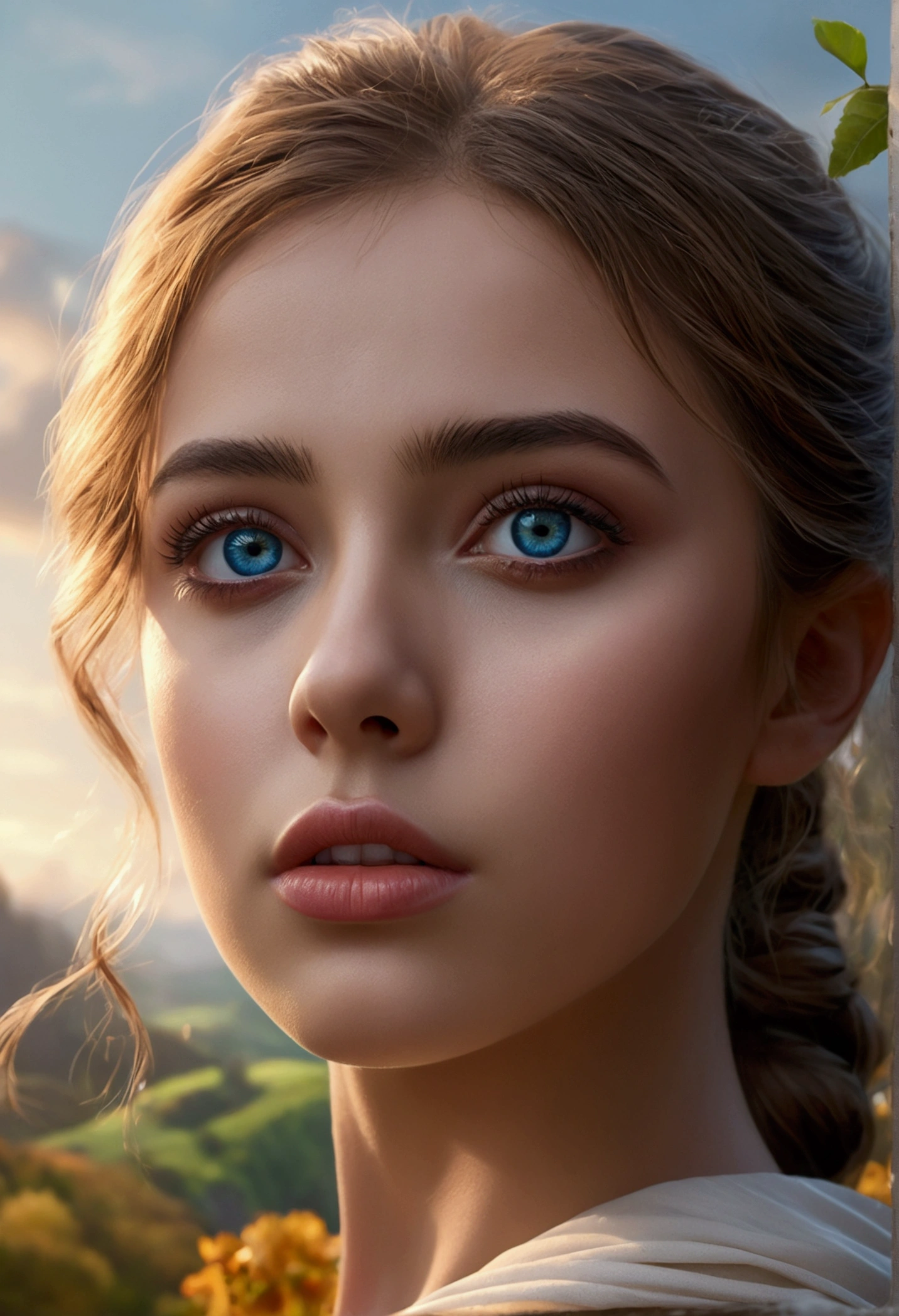(low angle shot), 1girl, beautiful detailed eyes, beautiful detailed lips, extremely detailed face, ethereal nature, fantasy landscape, (best quality,4k,8k,highres,masterpiece:1.2),ultra-detailed,(realistic,photorealistic,photo-realistic:1.37),cinematic lighting,vibrant colors,fantasy art