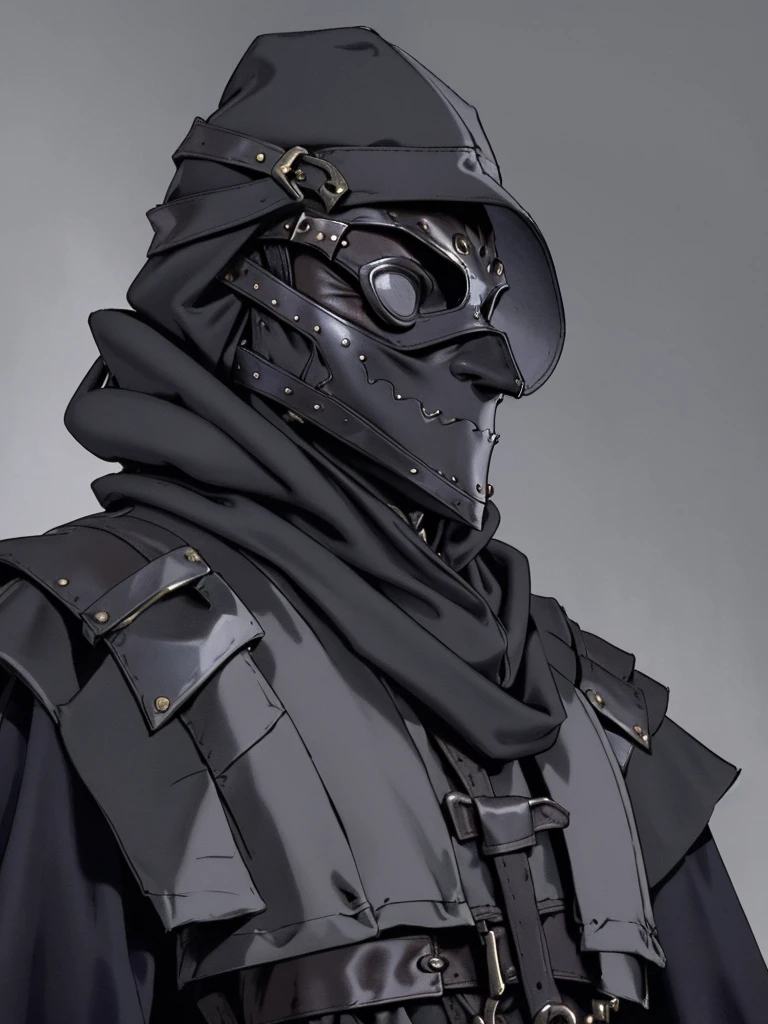 (masterpiece), (best quality),(portrait),Plaguecore,outfit,1boy,wearing goggles,((ancient)),fantasy,thief, mystical person,(hood),rogue outfit,old school fantasy art,solo,(sharp focus),((simple background)),gray background,