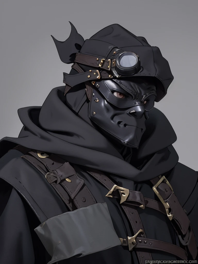 (masterpiece), (best quality),(portrait),Plaguecore,outfit,1boy,wearing goggles,((ancient)),fantasy,thief, mystical person,(hood),rogue outfit,old school fantasy art,solo,(sharp focus),((simple background)),gray background,
