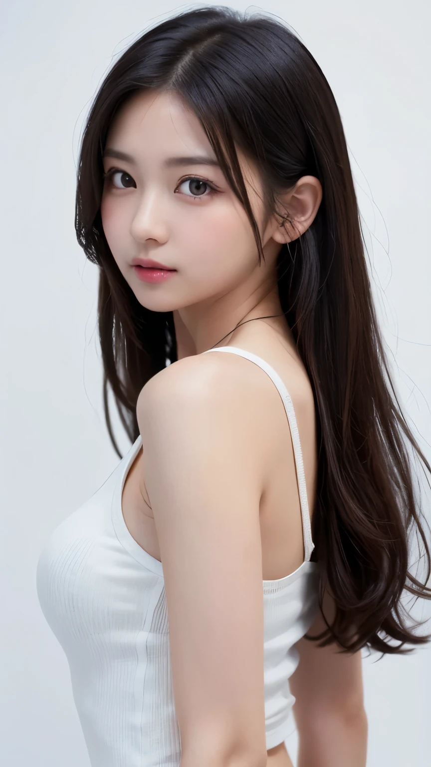 (((forehead、Standing、arched back、A calm face、long hair、Northern Europe、White、beautiful girl、Black Hair、White background、Tank top、spats、cute、Young、True Face、Shiny Hair、whole body)))、table top, highest quality, figure, super detailed, finely, High resolution, 8k wallpaper, Perfect dynamic composition, detailed and beautiful eyes, Deco out,bionde, breasts, Natural color lip,white background, random cute poses,