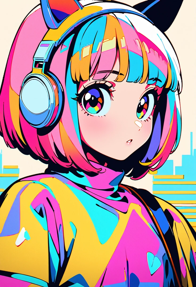 (Highest quality:1.2, City Pop Style, Very detailed, Latest, Vibrant, High Contrast, masterpiece:1.2, Highest quality, Best aesthetics), girl, ((Face Up Shot:1.4)), Colorful Hair, Bobcut, pastel colour, 1980s style, ((Retro, Vintage, Plain background))　Headphones,I&#39;m drawing