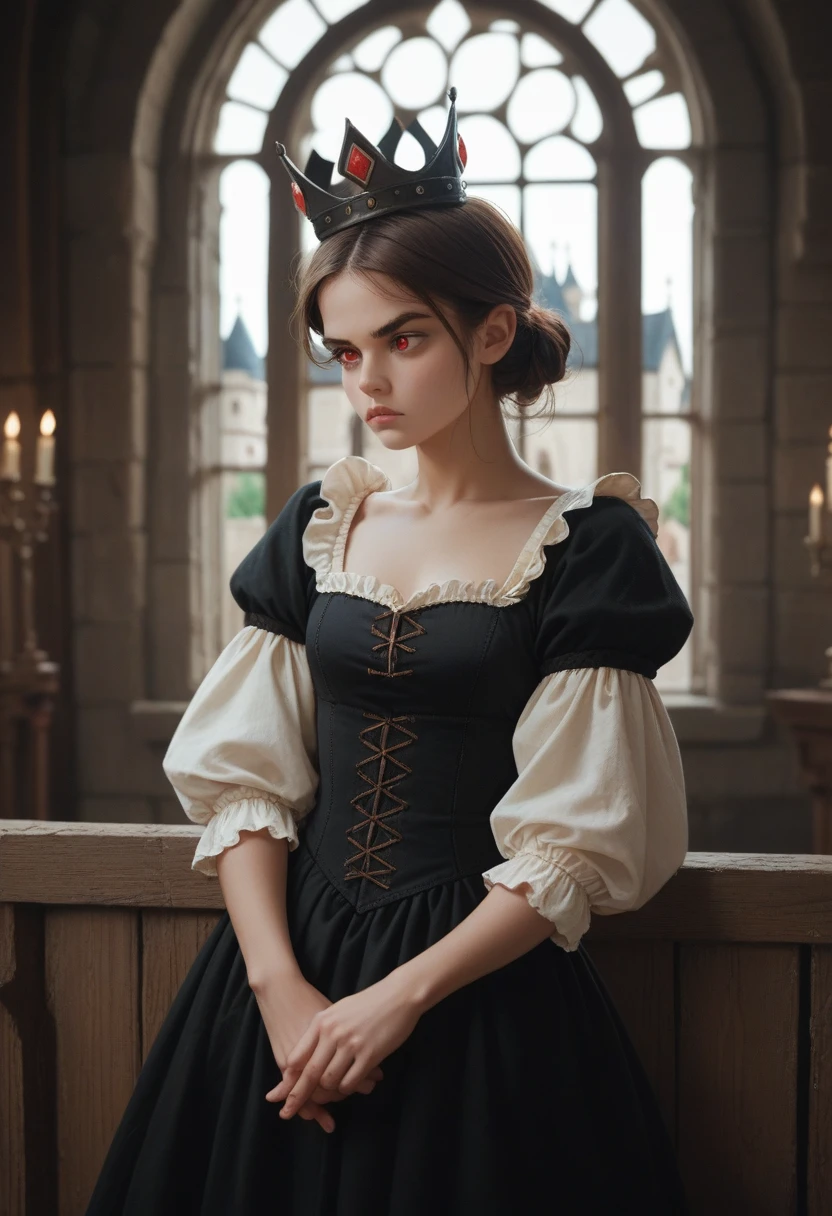 A teenage girl with a black crown short brown hair and red eyes wearing a medieval dress in a castle looking out the window with a serious and neutral look