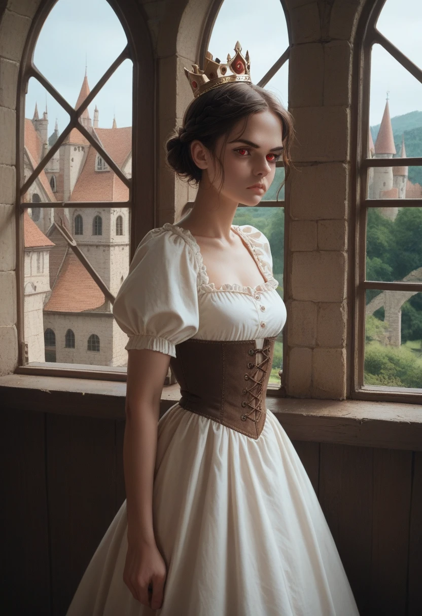 A girl with a black crown short brown hair and red eyes wearing a medieval dress in a castle looking out the window with a serious and neutral look