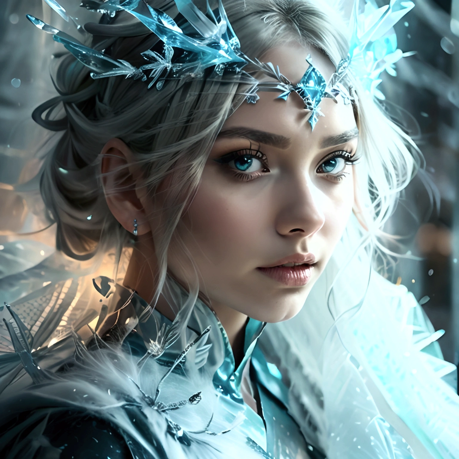 Design an anime-style character named Talia, the 'Frost Queen.' Talia should exude an icy, regal presence with a serene, commanding expression. Her eyes should be a striking, icy blue, reflecting her frost-themed power. She should be posed elegantly, embodying both grace and authority.

Outfit Talia in a majestic gown inspired by ice and snow, featuring intricate patterns of frost and snowflakes. The gown should flow with a shimmering, icy texture, complemented by a high collar and a trailing cape that appears to be made of delicate, frozen fabric. Her crown should be adorned with sparkling ice crystals and her scepter should be a majestic staff topped with a frosty orb.

Design Talia's surroundings to reflect a wintry wonderland, with snow-covered landscapes, glistening icicles, and a soft, ambient light that enhances the frosty atmosphere. Include magical frost effects around her, emphasizing her control over ice. The background should feature a serene, snowy landscape with distant, frosted mountains and a soft, wintry sky. Ensure the artwork captures Talia’s majestic and ethereal essence, making her the epitome of frozen elegance.