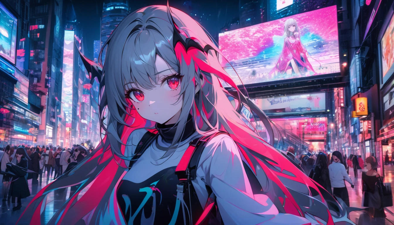 In a modern city, night city, neon lights, girl and her shadow, the shadow is the demon in the girl's mind, tense lens, the main body of the photo is the background of a big city, bright and fresh photo, beautiful abstract huge city and teenage girl character in it. Gray hair color, glowing red eyes, long hairstyle, mole under the left eye, surreal background, enchanting style, dance secret