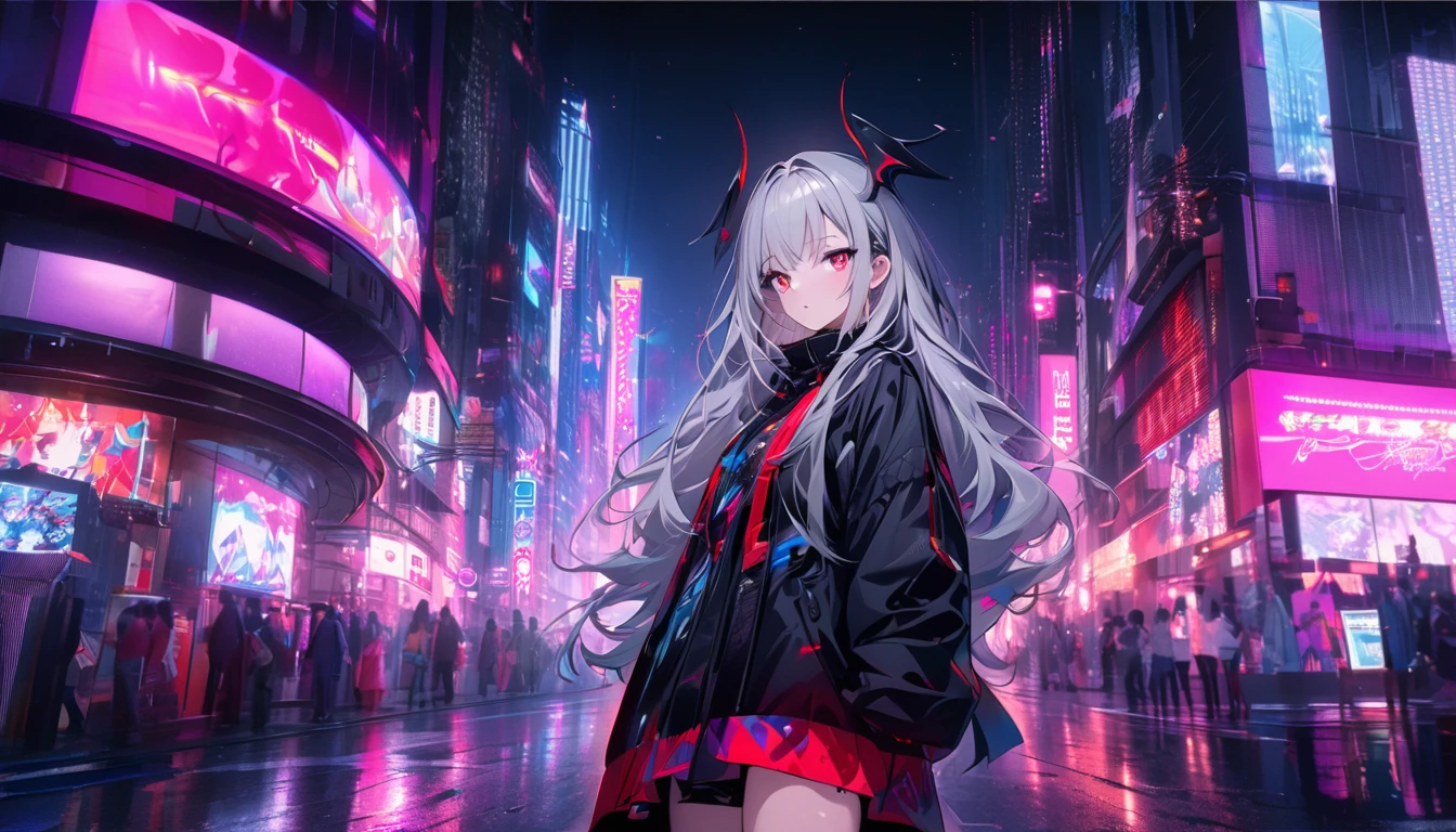 In a modern city, night city, neon lights, girl and her shadow - SeaArt AI