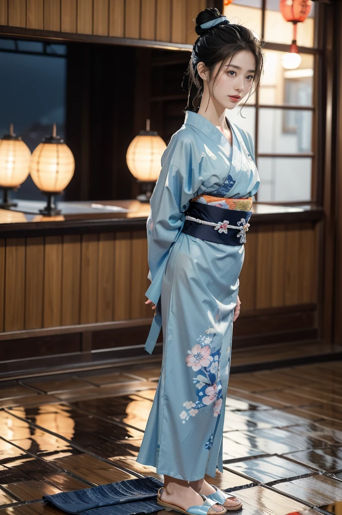 (((best quality))),(((ultra detailed))),(((masterpiece))),illustration,((1 beautiful Japannese girl,solo)),(neat bun:1.2),((slim,thin)),((small breasts,flat chest)),(in izakaya:1.3),(summer:1.2),(rainy:1.3),(indoor:1.2),(night scene:1.3),(wet:1.3),(collar:1.2),(blue floral yukata:1.3),(hakama:1.2),porcelain skin,(slender legs:1.2),(loafers:1.2),rouge,dimly lit,warm glow,ethereal,(standing:1.3),(arms behind back:1.2),sake bottle,half-empty glass,tray,grilled fish,steamed vegetables,half-eaten,melancholic smile,storm,solitude,enigmatic aura,tranquility,chaos,simplicity,mysterious,captivating,((from front,full body))