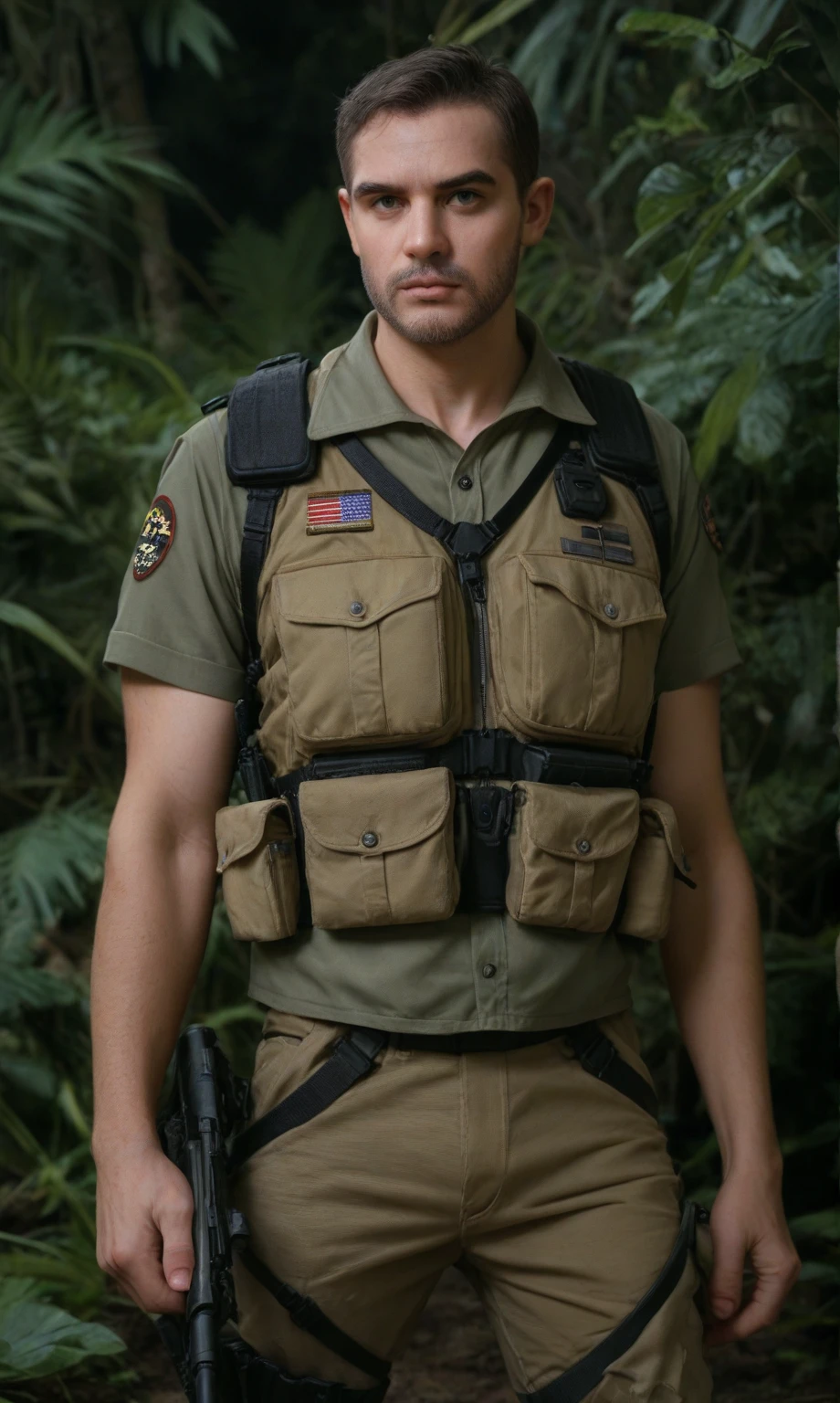 score_9, score_8_up, score_7_up, score_6_up, score_5_up, score_4_up, realistic style, photo, photorealistic, high detail, (sharp), cowboy shot, middle-aged man, (special forces soldier), short hair, stern expression, scar on face, gray beard, dressed in black special forces uniform, tactical unloading, tactical vest, tactical pants, standing knee-deep in mud in the night jungle, looking at viewer, night, dark, tag1, tag2