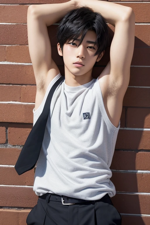 Japanese male high school student, briefs, black hair, mashed hair, double eyelids, textured skin, 
Armpit hair