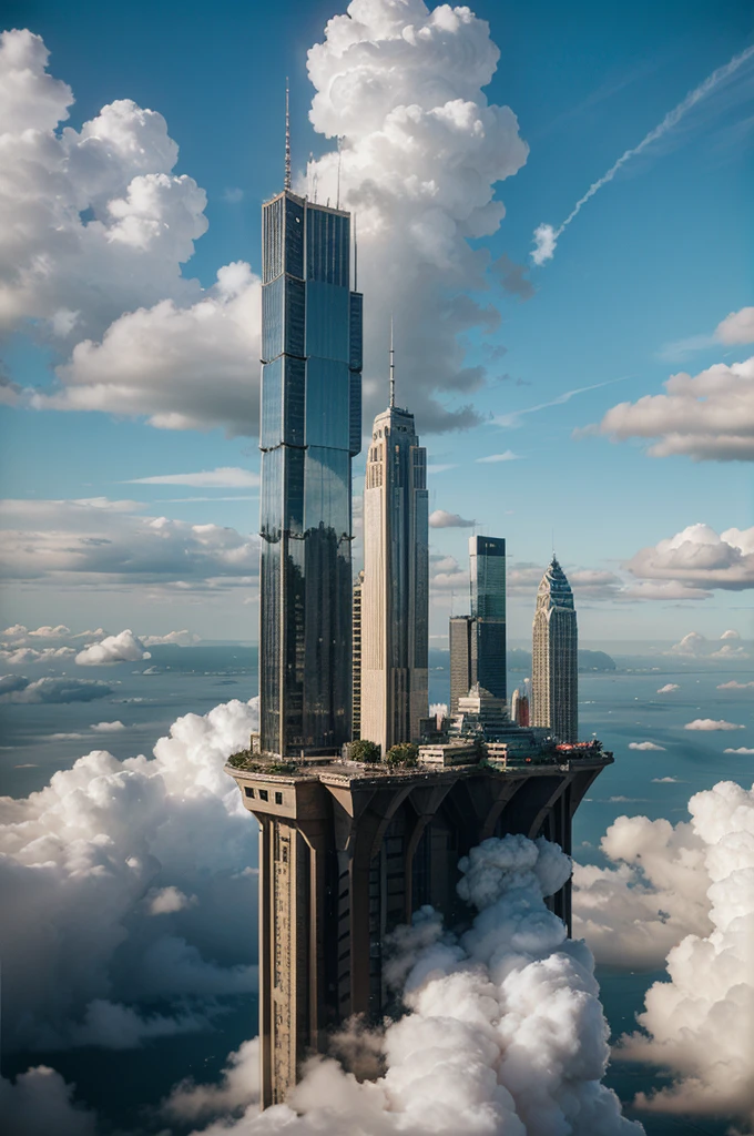 Cloud City's Sky Garden, A strange tower floating in the clouds, Changes color depending on the light, A mysterious fog hangs over, Floating Crystal, squirt, 8K detailed