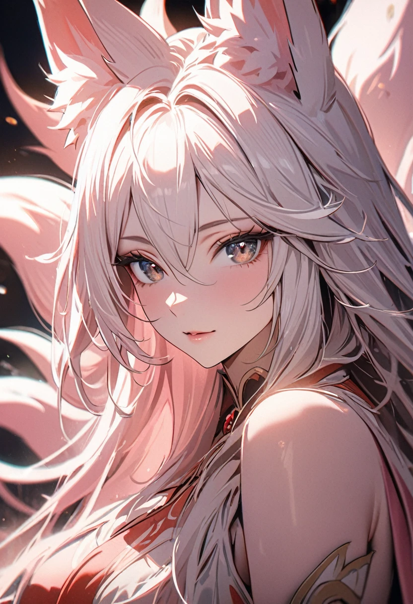 female, nine-tailed female, female fox, nine-tailed fox, fox ears, white hair, pink hair, long hair, black eyes, pretty, beautiful, beautiful color, mature, dress, super detail, beautiful color,peerless beauty, high quality, macro picture, beautiful eyes, long chin, 8K, cute, masterpiece, lively eyes
