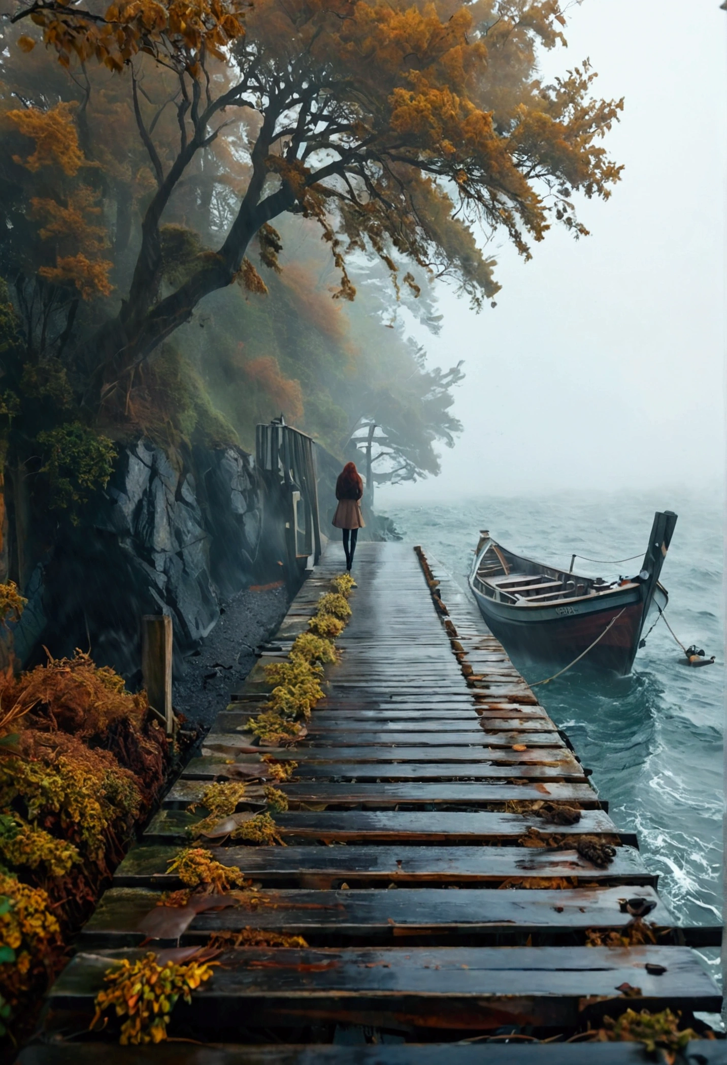 seaside，Trestle，Sexy Beauty，High heel，beauty，wind and rain，Boat，Foggy Day