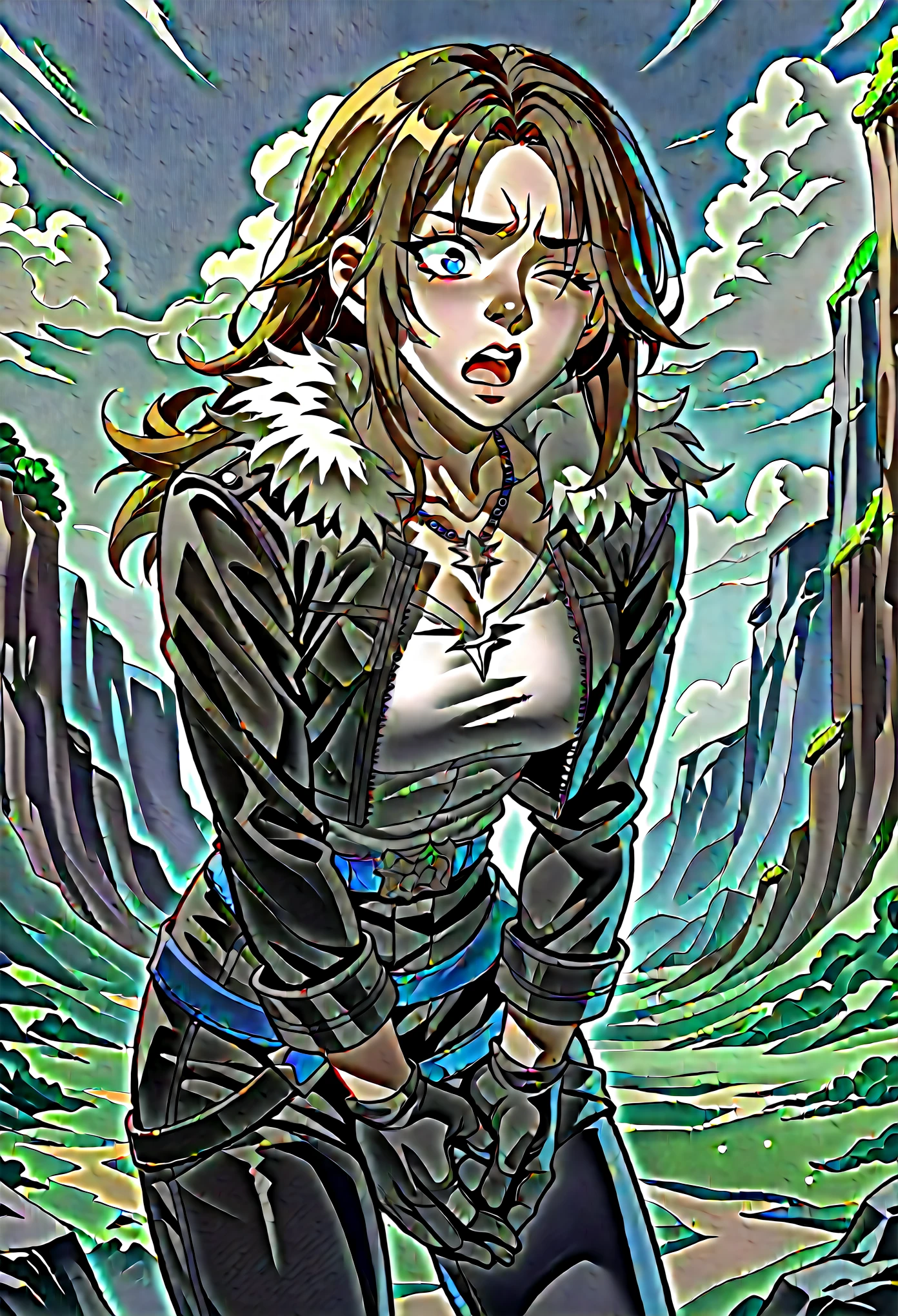 score_9, score_8_up, score_7_up, 1boy, solo, squall, medium breasts, slender body,(single closed eye), necklace, brown hair, long hair, gloves, white shirt, blue eyes, shirt, black gloves, jacket, black jacket, fur trim jacket, black pants, belt, scar, diagonal scar, scar on forehead, hands on crotch, grabbing onw crotch, parted bangs, sweathing, shaking, thin waist, leaning forward, shocked face, scared, screaming, stiff hands, standing, looking down, landscape,
