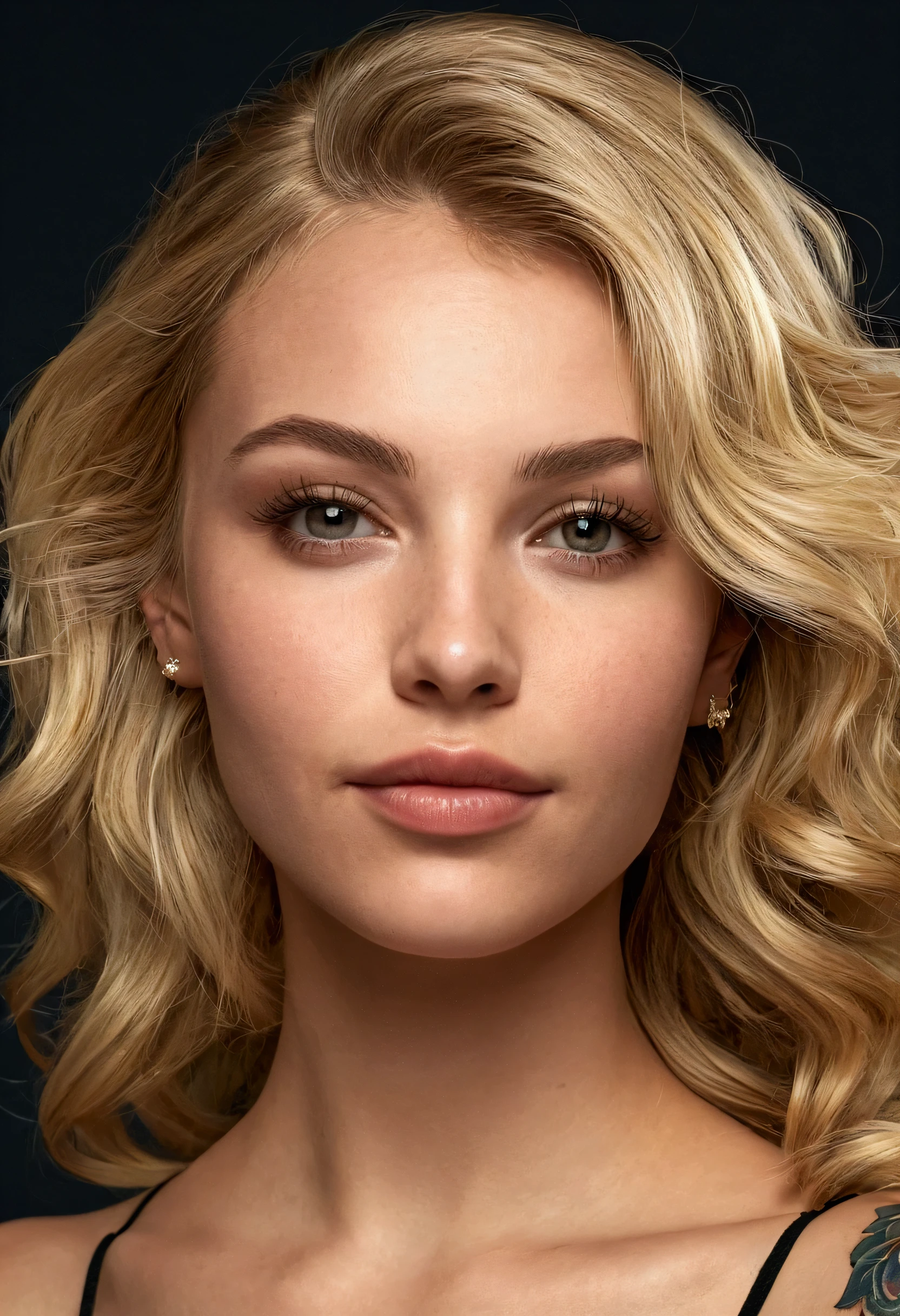 (head of&#39;artwork), (best quality), (ultra detailed),An ultra realistic portrait of a 26 year old blonde woman, sexly, with long hair, wavy and golden. Elle a de grands yeux bleus étincelants, des sourcing bien définis, and long, thick eyelashes. Her complexion is lightly tanned and her skin has a realistic texture., showing visible pores and slight shine. Her lips are full and sensual, with a seductive smile. She has stylish and detailed tattoos around her neck and behind her ears, ajoutant une touche de mystère et de caractère. Son visage affiche une jeunesse vibrante, natural confidence and attractive allure. The lighting is soft and natural, creating subtle shadows that accentuate the texture of her skin and delicate features. Every detail of his face is sharp and precise, aucun élément n'est flou, ce qui renforce le réalisme global du portrait