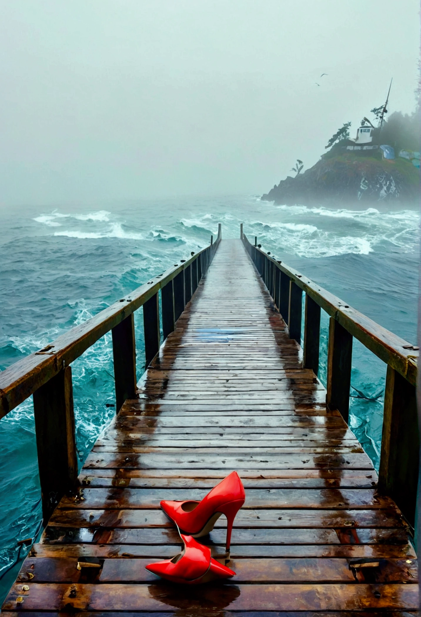 seaside，Trestle，Sexy Beauty，High heel，beauty，wind and rain，Boat，Foggy Day