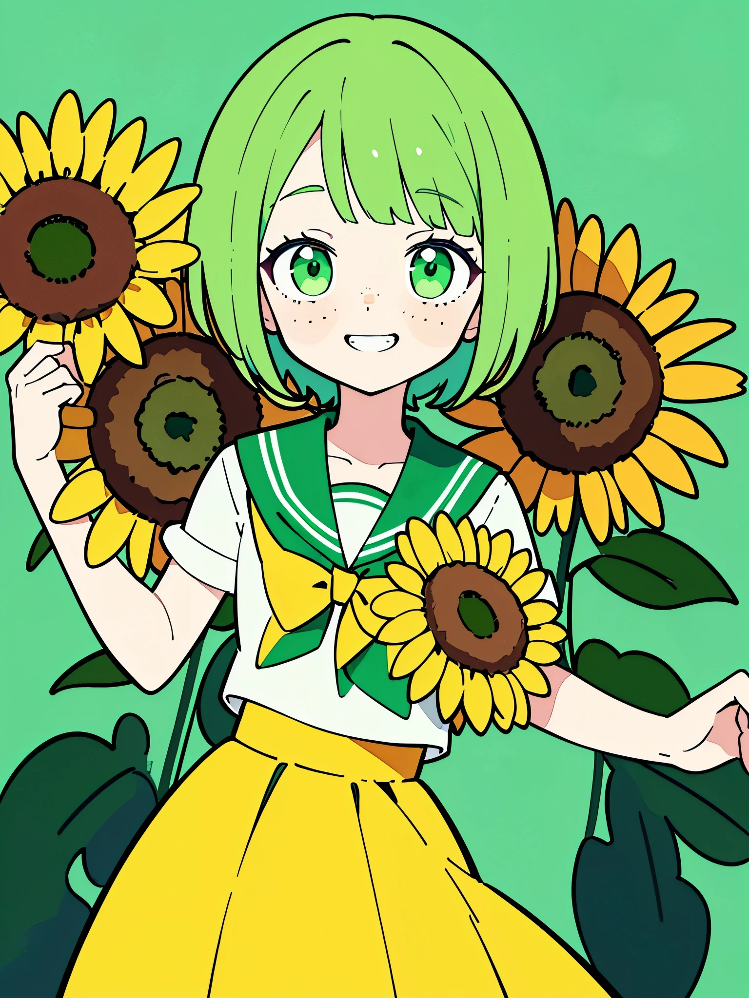 (best quality,ultrares,masterpiece:1.2) (watercolor: 1) (pastel colors: 1.1) 1girl solo, holding sunflowers, (green-themed serafuku with green skirt), emerald green eyes, Cute detailed face, detailed eyes, red orange short hair, (simple yellow background), freckles, charming grin
