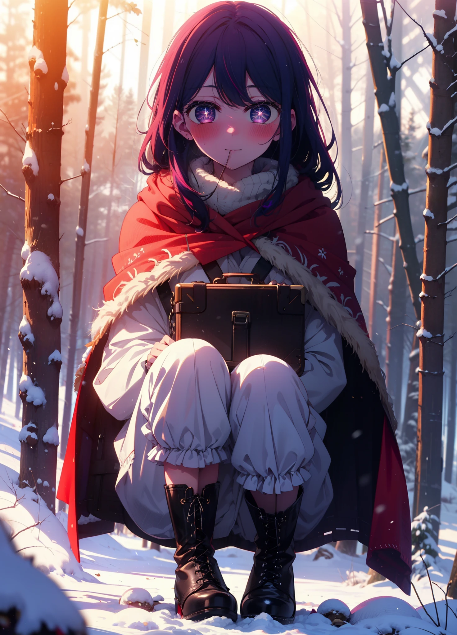aihoshino, Ai Hoshino, Long Hair, bangs, (Purple eyes:1.1), Purple Hair, (Symbol-shaped pupil:1.5), smile,,smile,blush,white breath,
Open your mouth,snow,Ground bonfire, Outdoor, boots, snowing, From the side, wood, suitcase, Cape, Blurred, , forest, White handbag, nature,  Squat, Mouth closed, Cape, winter, Written boundary depth, Black shoes, red Cape break looking at viewer, Upper Body, whole body, break Outdoor, forest, nature, break (masterpiece:1.2), Highest quality, High resolution, unity 8k wallpaper, (shape:0.8), (Beautiful and beautiful eyes:1.6), Highly detailed face, Perfect lighting, Highly detailed CG, (Perfect hands, Perfect Anatomy),