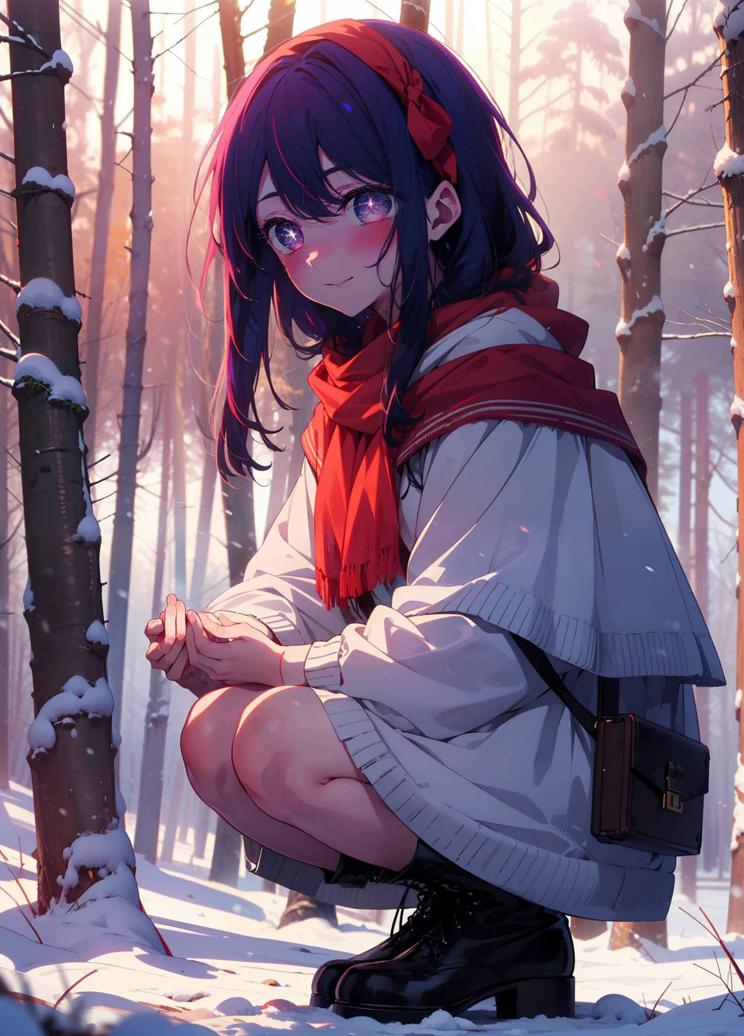 aihoshino, Ai Hoshino, Long Hair, bangs, (Purple eyes:1.1), Purple Hair, (Symbol-shaped pupil:1.5), smile,,smile,blush,white breath,
Open your mouth,snow,Ground bonfire, Outdoor, boots, snowing, From the side, wood, suitcase, Cape, Blurred, , forest, White handbag, nature,  Squat, Mouth closed, Cape, winter, Written boundary depth, Black shoes, red Cape break looking at viewer, Upper Body, whole body, break Outdoor, forest, nature, break (masterpiece:1.2), Highest quality, High resolution, unity 8k wallpaper, (shape:0.8), (Beautiful and beautiful eyes:1.6), Highly detailed face, Perfect lighting, Highly detailed CG, (Perfect hands, Perfect Anatomy),