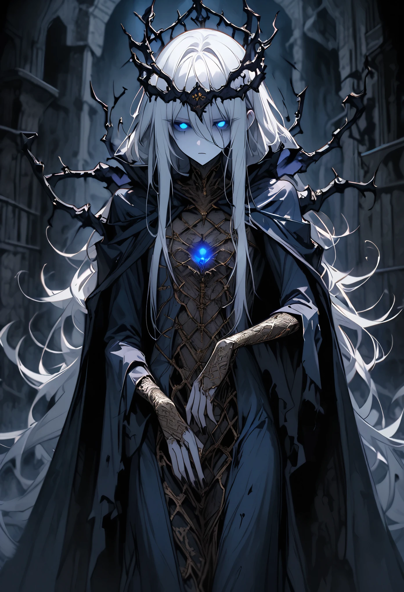 solo, female, pose, blue empty glowing void eyes, long messy white hair, very pale skin:1.3, flat chest, slim, bored, tattered regal gown, black aura:.4, lich, magic, cape over shoulders, partially skeletonized, gold filigree black nails, book, dungeon, dark