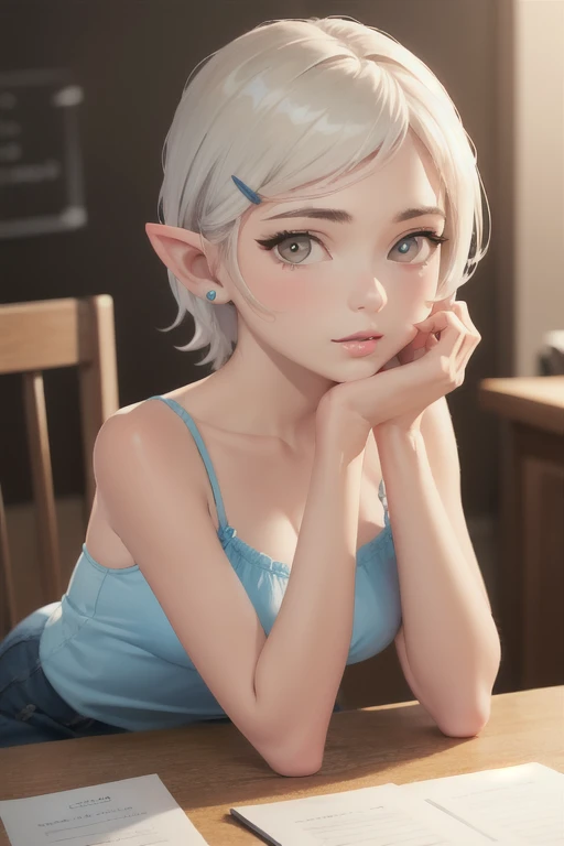 girl,Character design sheet,Beautiful attention to detail,Beautiful lip detail,Very detailed目と顔,Long eyelashes,Realistic,photoRealistic:1.37,Very detailed,Professional,Vibrant colors,Studio Lighting,Sharp focus,Physically Based Rendering,High resolution,超High resolution. White，Red eyes,Big eyes， Short Hair，White Hair，Pointy Ears，Red cheeks，Young face，Very large breasts, Waist，camisole，Long Skirt, hands on cheeks，table