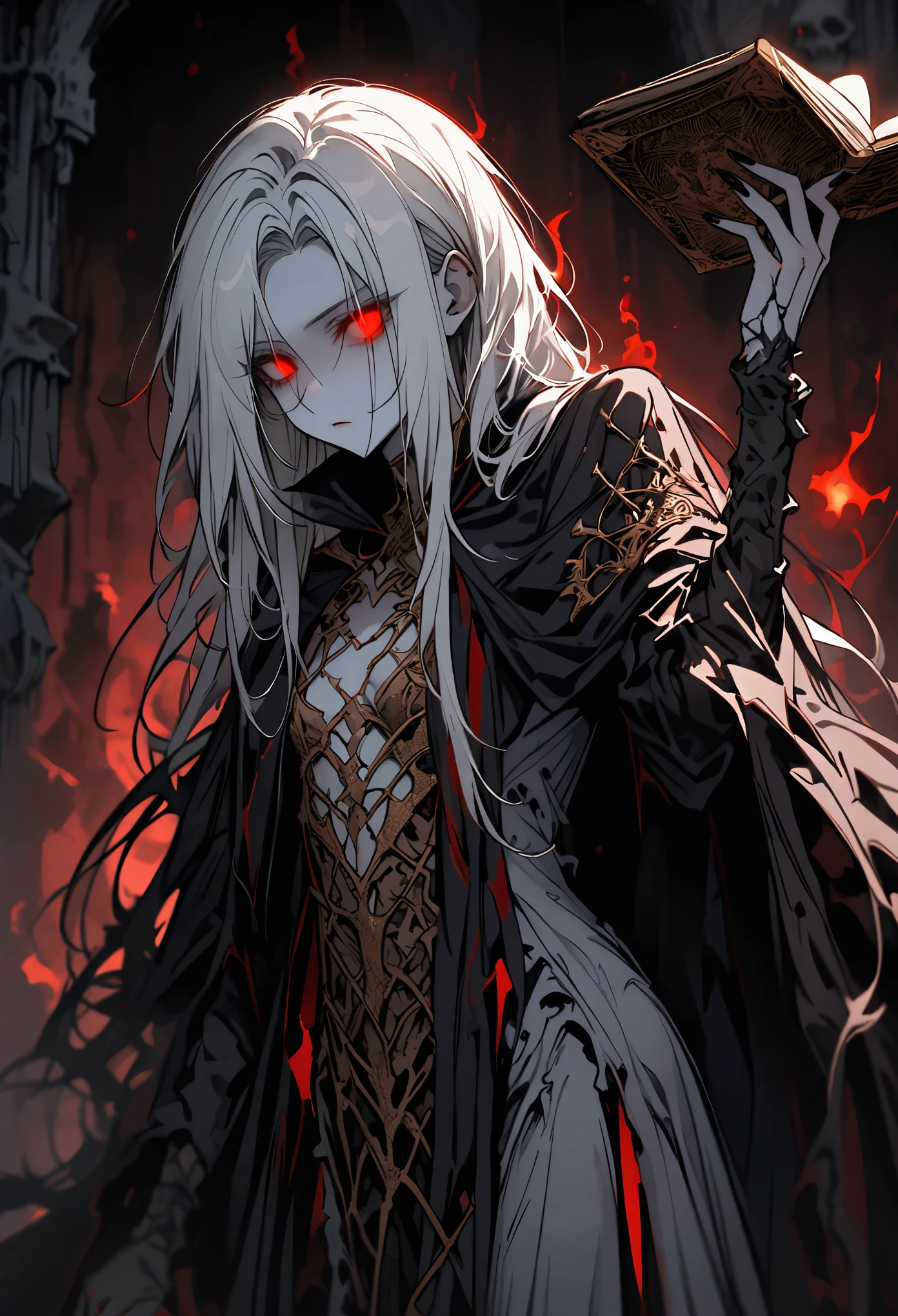 solo, female, pose, red empty glowing void eyes, long messy white hair, very pale skin:1.3, flat chest, slim, bored, tattered regal gown, black aura:.4, lich, magic, cape over shoulders, partially skeletonized, gold filigree black nails, book, dungeon, dark, close up, holding ancient book
