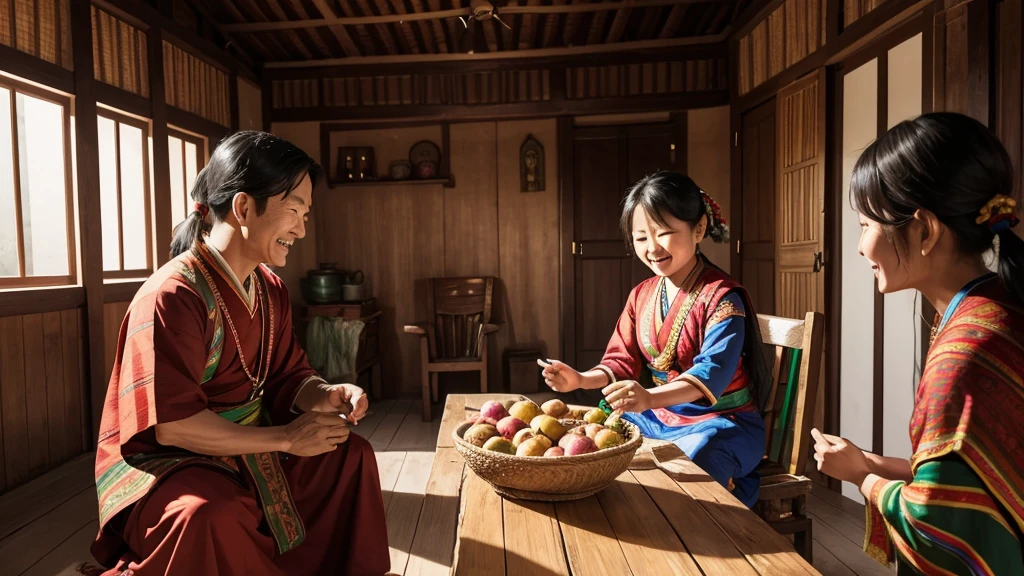 "A realistic scene of an Arunachal Pradesh family in early 2021, celebrating joyfully in a traditional wooden house. The family includes a former MLA with distinct Arunachal Pradesh facial features, wearing traditional attire. The atmosphere is filled with happiness and festive decorations."