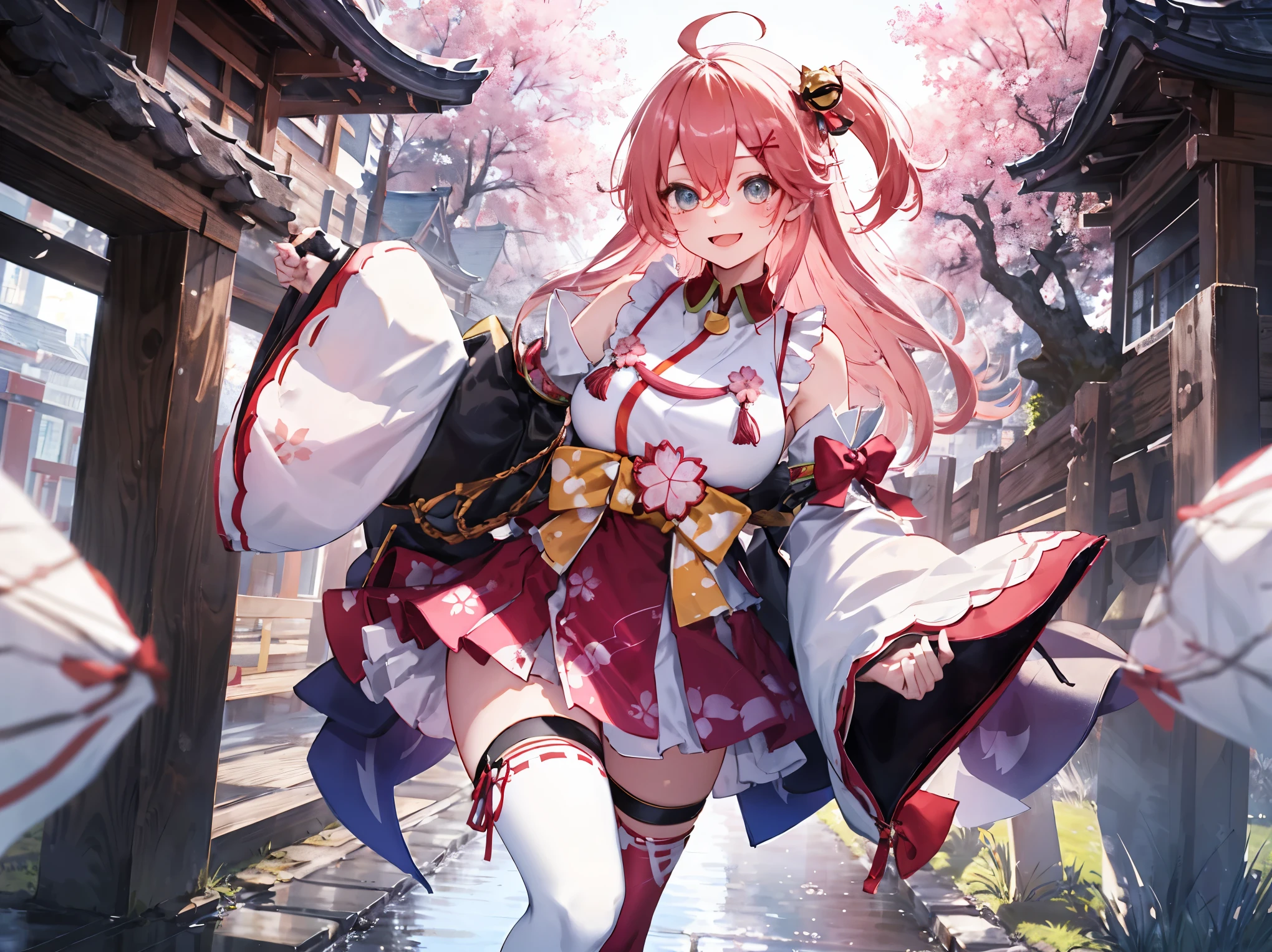 masterpiece, best quality, highres, miko1, sakura_miko, 1girl, big_boobs, solo, ahoge, x_hair_ornament, pink_hair, floral print, hairclip,(side_less_clothes:1.5), (side_boobs:1.5), hair_bell, floral print, long_hair, hair between eyes, one side up, white thighhighs, asymmetrical legwear, wide sleeves, open_mouth,(happy:1.3),gleen_eyes,big_smile,(rise_leg:1.3),plump,apart_legs,(overly_long_sleeves:1.3),),sleeves_past_wrists,hands_hidden_sleeves,sidelock_clothes,dynamic_posing,solo,hidden_wrists,(XD:1.4),covered_nipples,sunlight,cherryblossom_background,