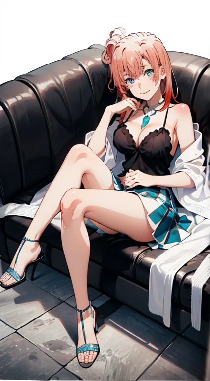 masterpiece, Highest quality, One Girl, Thighs, beautiful girl, Narrow waist, Official Art, RAWphotograph,colorful、Bright lighting、Face Light, Ultra-realistic, High resolution, photograph, Bright lighting、, Highly detailed eyes and face,Symmetrical face, whole body、Large 、Long Hair、チラリと見えるThighs、Beautiful cleavaglipstick、ponytail、whole body、Embarrassing、High heels、I try to embrace you with both hands、White Lace Sleeve Cyclo Mini Skirt、After the bath、Sleep on your back、Lying down、Spread your legs