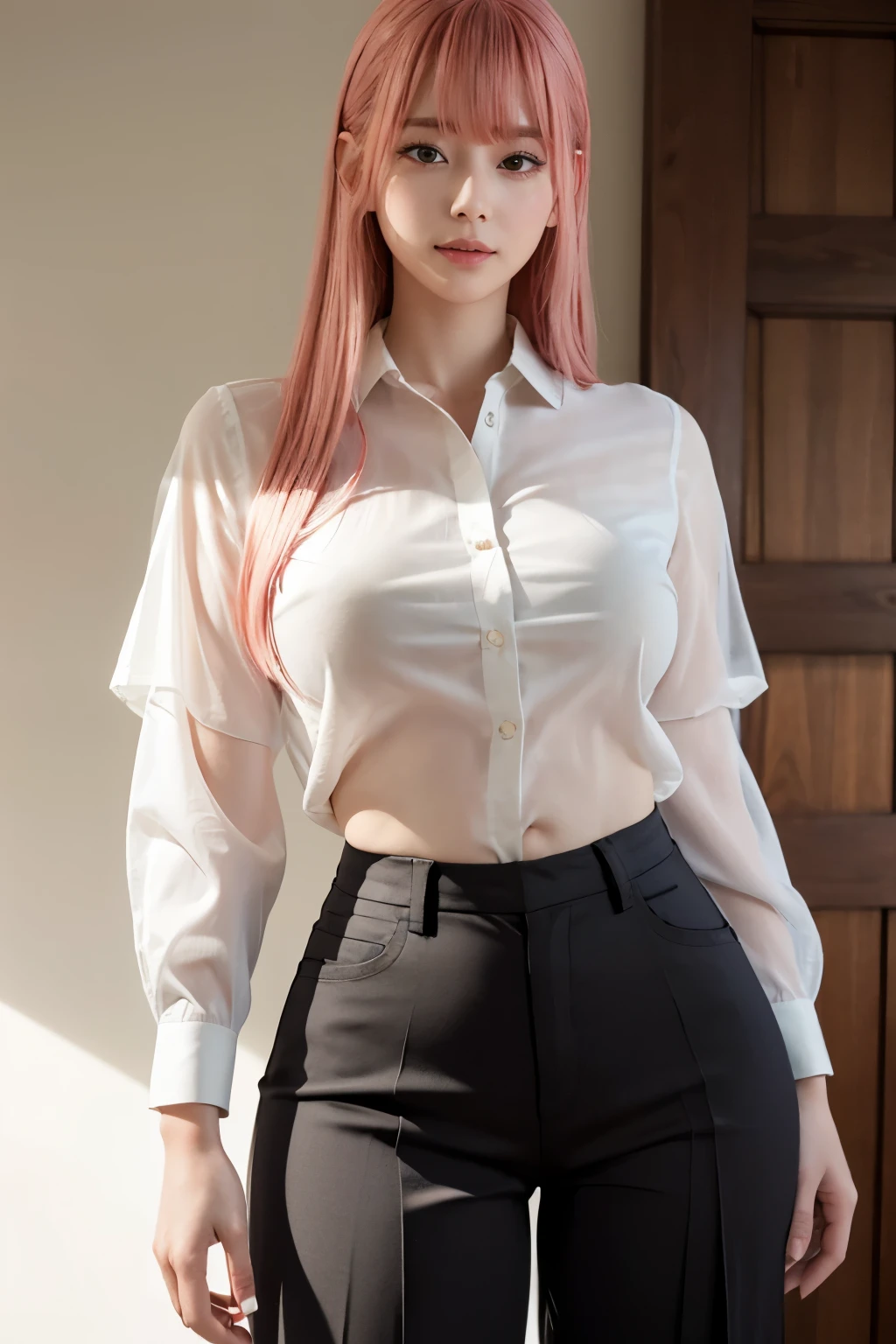 Highest quality、Ultra-high resolution、RAW shooting、Professional Lighting、Detailed Background、coastal、Full Body、Makima、25-year-old female、(High tone cherry pink hair)+(Long Hair)+(bangs)、(Yellow Eyes)、White see-through shirt,(Black trousers:1.5)、Huge breasts that look like they might burst、Modest abdominal muscles、Big Ass、Big thighs、A sloppy smile、Close your mouth、(Sweaty skin)、