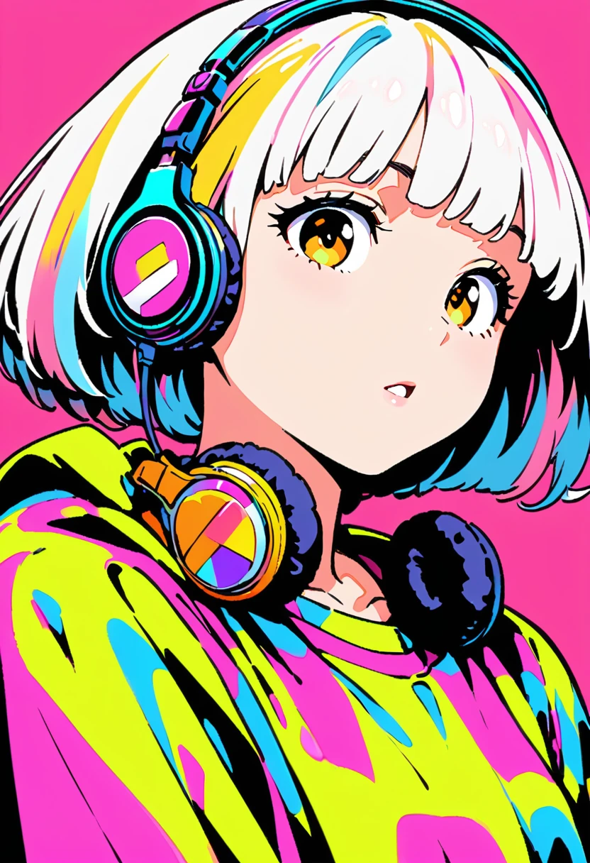 (Highest quality:1.2, City Pop Style, Very detailed, Latest, Vibrant, High Contrast, masterpiece:1.2, Highest quality, Best aesthetics), girl, ((Face Up Shot:1.4)), Colorful Hair, Bobcut, pastel colour, 1980s style, ((Retro, Vintage, Plain background))　Headphones,Black and White