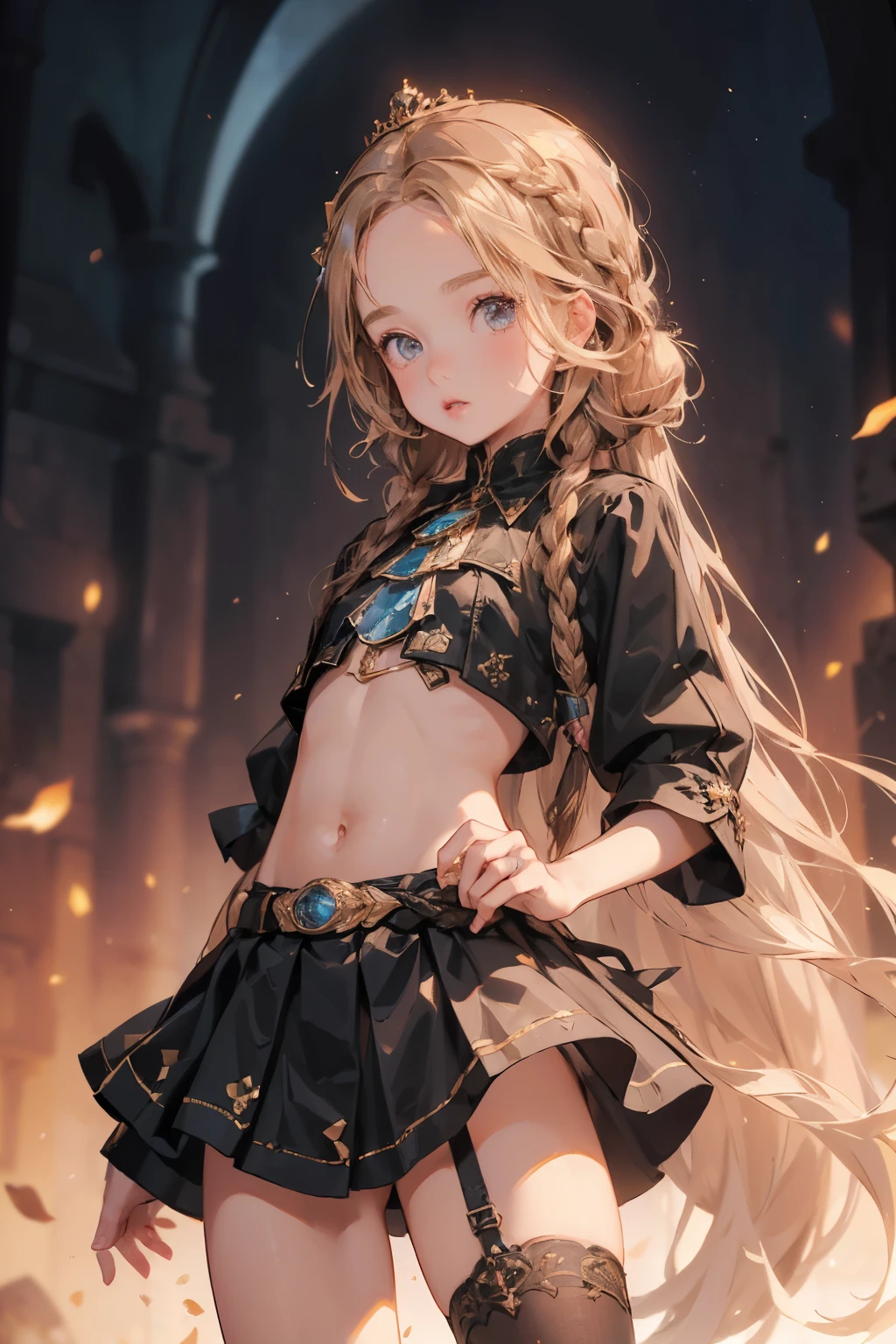 ((best quality)), ((masterpiece)), (detailed), 1girl, (big forhead:1.2),extremely detailed cute anime face, (((flat chest))), (flat chest:1.1),((((long twin braids,tight braids,long braid,braided hair,long hair)))),intricate eyes,beautiful detailed eyes,symmetrical eyes,(((detailed face))),beautiful detailed lips, dynamic pose, looking at this, resolved, resolute, highres,(best quality),(ultra detailed,extremely detailed),perfect face details, ((masterpiece:1.4, best quality))+, (ultra detailed)+, long twintails, cute girl, (flat chest:1.1), small breasts, slim body, skinny, prominent collarbones, skinny arms, flat stomach, visible hip bones, long hair, red hair, white hair, blonde hair, dark hair, ponytail, thick ponytail, heavy ponytail, small breasts, perfect face, small breasts (flat chest:1.1),  Detailed body，Full limbs, (flat chest:1.1), full body of Chaos Demon Primark girl, sinister and ominous aura, luxurious ultra blue power armor, both arms as GIANT HUGE claws, majestically crowned, shining gold hair, high-heeled boots, Warhammer 40K, supernatural, ((Eight-pointed star symbol)), high resolution, trending art station, whole body,