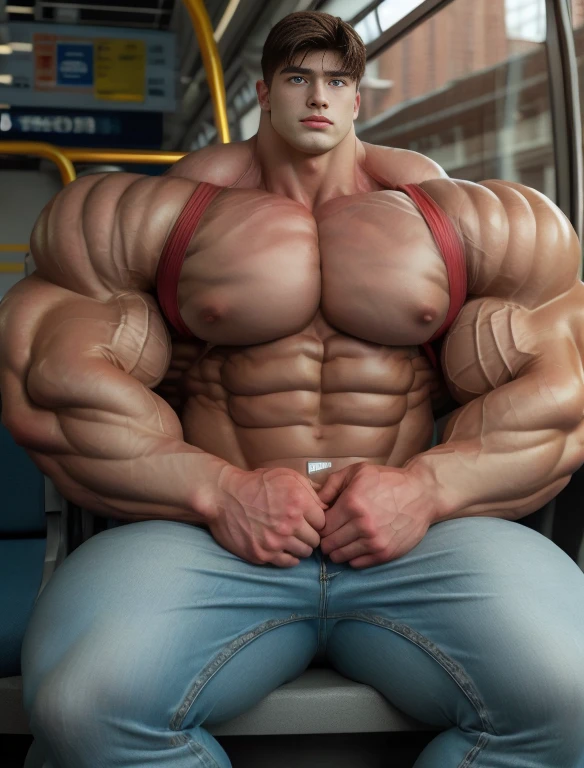 1boy, giant, giant bodybuilder, illuminating light, strong body, bulk, large size, staring, sitting on seat, in the public bus, bare, jeans pants, prominent bulge, extraordinary big, brutalmass, giant, muscular body, bulk, buff, massive body, large meaty body size, extremely wide body