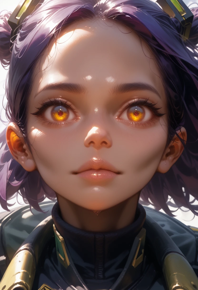 Cute girl with brown skin, sexy body, wavy purple hair [with shades of black], Golden eyes (brilliant), ultra realistic eyes, with a pistol, jumping, with sniper equipment, Game Valorant Rebellion, round face, realistic lighting, radiation, Close-up.
