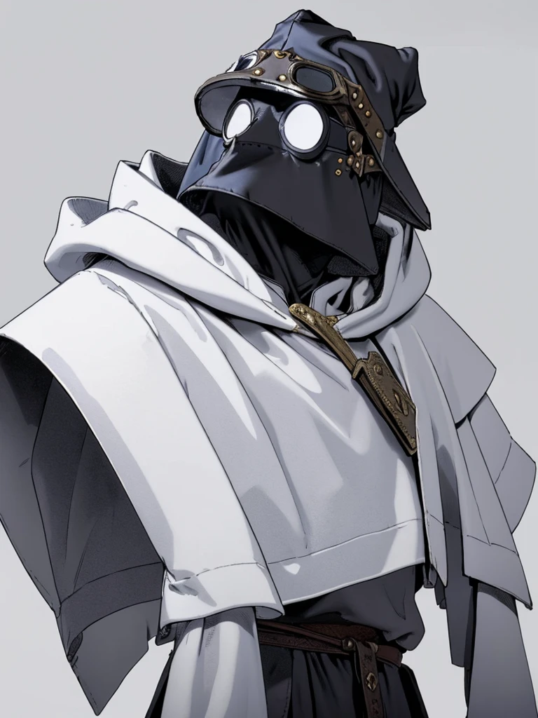 (masterpiece), (best quality),(portrait),Plaguecore,outfit,1boy,wearing goggles,((ancient)),fantasy,thief, mystical person,(hood),wizard outfit,white mask,white goggles,old school fantasy art,solo,(sharp focus),((simple background)),gray background,