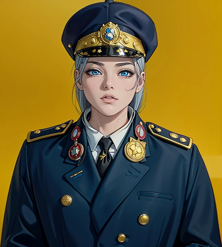 (exceptional, best aesthetic, new, newest, best quality, anime, waifu:1.2), master piece, best quality, absurdres, highres, good anatomy, pretty face, ultra detailed, (1girl:1.3), colored, 1 girl, female, blue eyes, grey hair, peak cap with red and gold part, coat, golden shoulder piece, array of medals, inside white shirt, black tie, star badge on the tie, looking at user, no hands