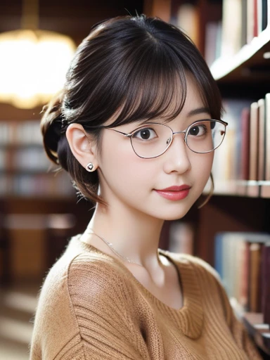   (8k, RAW photo, best quality, masterpiece), (photo realistic), outstanding details, ultra-high resolution, anatomically correct, textured skin, ((Extremely precise and accurate anatomy)),

A cute 28-year-old Japanese woman, librarian arranging books in the library, 

(fearless smile:0.1),  
(Downturned Eyes), (kind eyes:1.2) , kind Gaze, 
(lower  chignon:1.4), (Rimless round glasses), 
(makeup:0.1) , very short hair,  

looking at viewer, 
pupils sparkling,  thin lips, (Mouth slightly open:1.2),small mouth,  cherry pink lip, 
dark brown hair, Forehead, 
white simple summer sweater, simple cotton Light brown flared skirt, 
Earrings, Necklace, 

Full Shot, whole body, (height: 148cm), High heels Has two legs,Has two arms、Has two legs, You need two arms, 

(background Spacious library interior, bookshelves), 
(backlighting), 
reflection light from below, 
atmospheric perspective, depth of field, 
(dramatic lighting), cinematic lighting, 