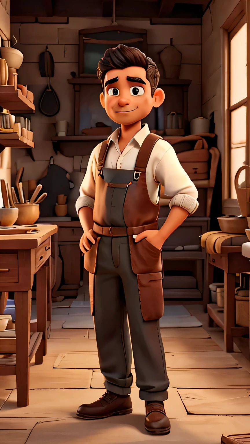 A small, dimly lit workshop with wooden tools and pieces of furniture in various stages of completion. Arif is focused on crafting a wooden chair, his hands steady as he chisels the wood. His clothes are slightly more rugged now, with a leather apron over his shirt and trousers. His expression shows concentration and determination. The scene should convey a sense of learning and hard work."
