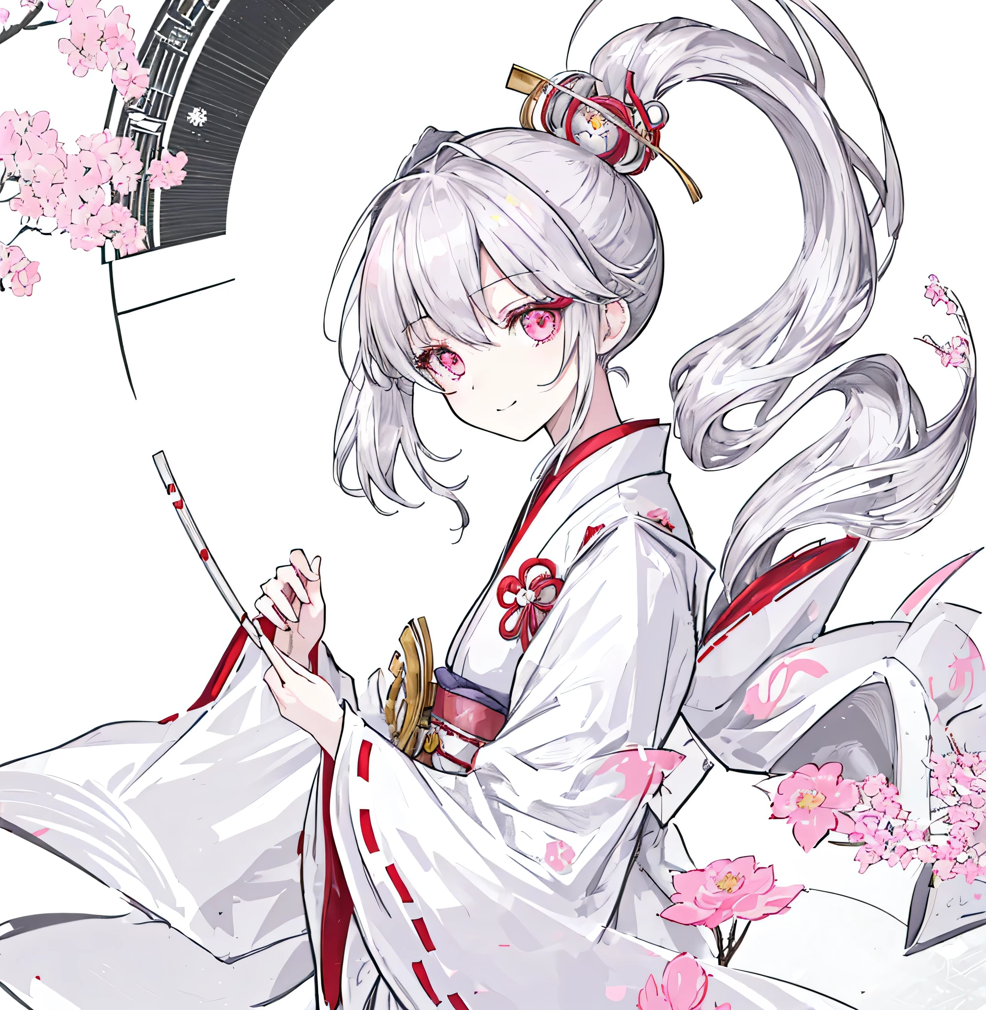 [(white background:1.4)::5],original,(illustration:1.1),(best quality),(masterpiece:1.1),(extremely detailed CG unity 8k wallpaper:1.1), (colorful:0.9),(mid shot:0.95),((highly detailed beautiful face and eyes)),(solo:1.2), (girl),(((adult))), (detailed beautiful eyes:1.15), (beautiful face:1.15), (glowing pink eyes:1.25////),(((silver medium hair))),(+perfect hand+:1.21),(Draw an illustration of japanese miko),(((side ponytail))),(Religious),(slender),(from side),(is wearing white kimono),(fantasy miko clothes),((beutiful slender girl with white kimono)),smile,(adult),side ponytail,
